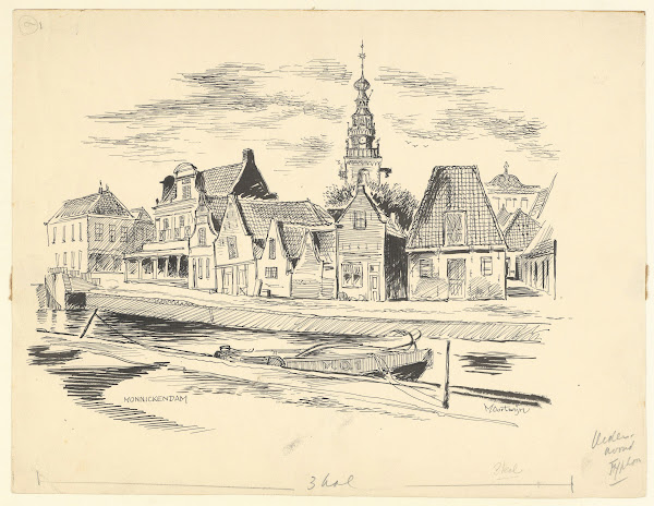 Gezicht op een straat in Monnickendam met op de achtergrond de Speeltoren 1950 1