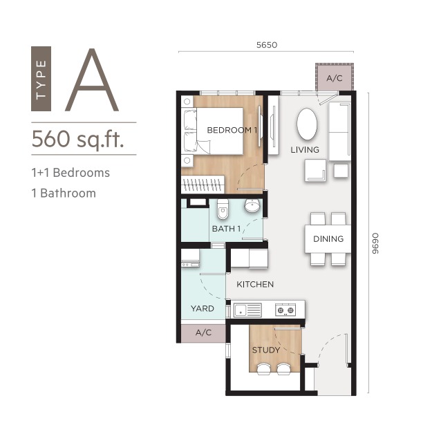 Anya Type A floor plan — 767 sq ft, 2 bedrooms