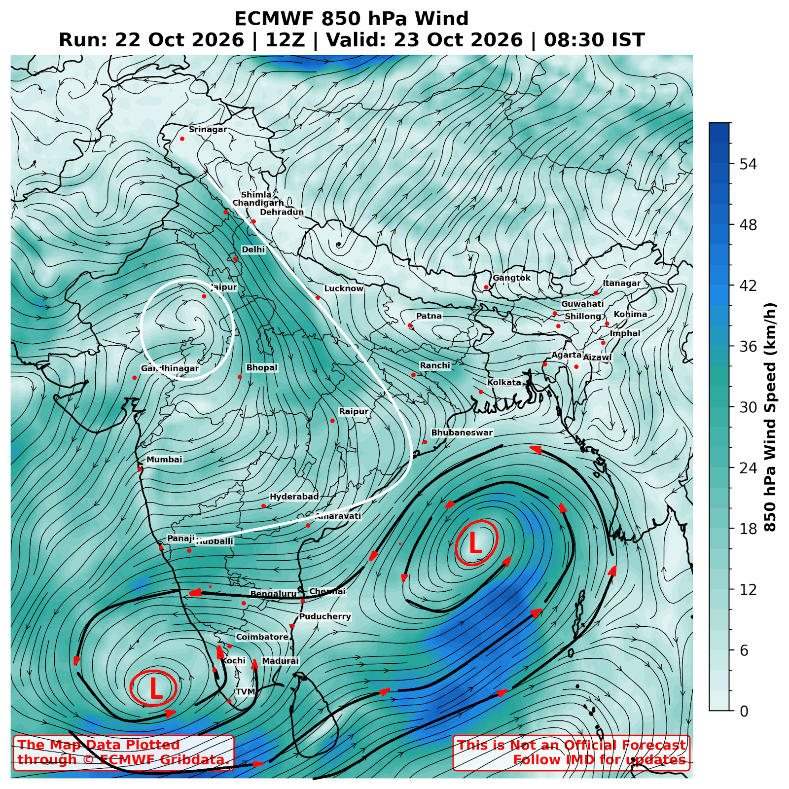 North India western disturbance wind chart 23 Oct 2026