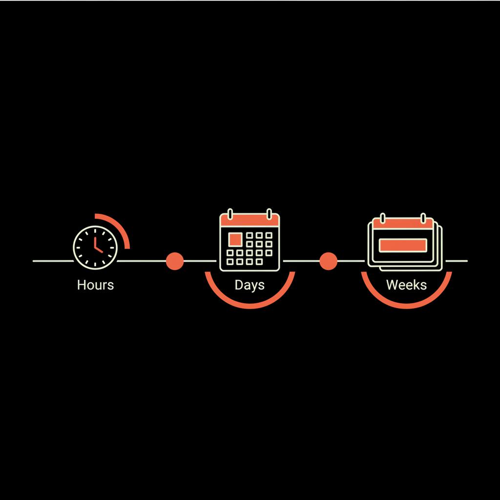 Minimal 2D vector timeline infographic illustrating hours, days, weeks recovery visual for how to reactivate Facebook account using icons and brand colors.