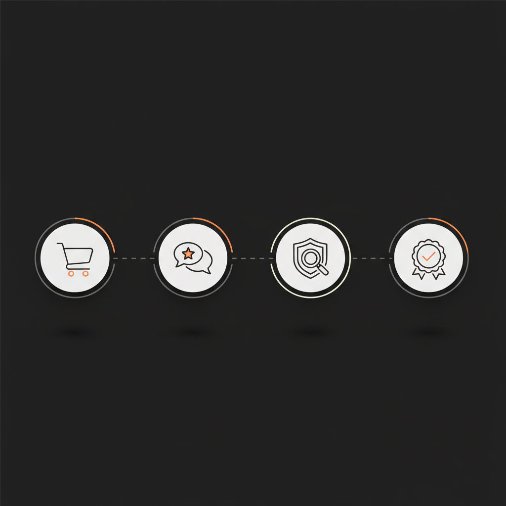 Minimal vector infographic of a review flow showing customer (shopping cart) → review (speech bubble with star) → moderation (shield with magnifier) → outcome (check badge), reflecting Google review policy in Social Success Hub brand colors.