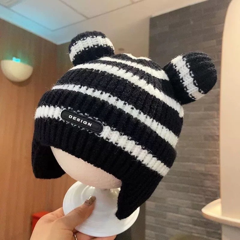 Children's hat with ear flaps, knitted, warm