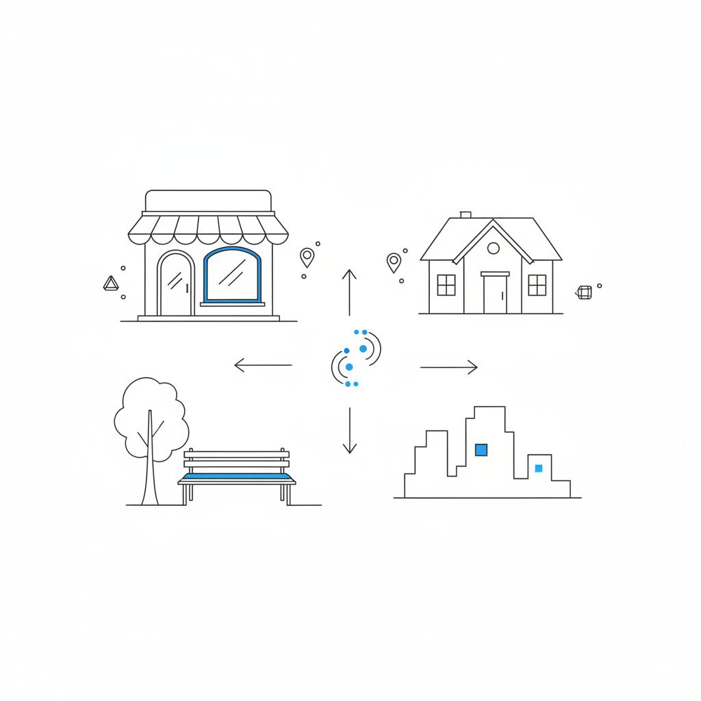 Notebook-style vector collage of neighborhood street sketches (café, park bench, skyline, bungalow) with blue #1a5bfb accents, illustrating twitter for real estate