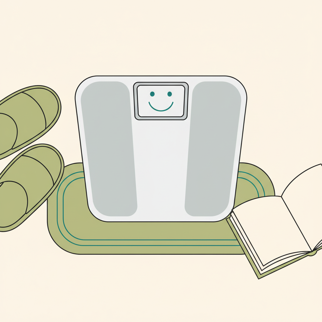 Nahaufnahme einer Waage mit freundlichem Smiley-Display, Pantoffeln, weichem Teppich und offenem Notizbuch in ruhiger 2D-Vektor-Szene – symbolisch für krafttraining frau