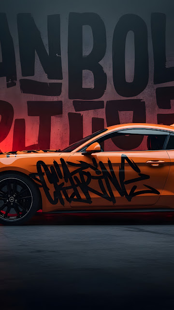 Orange Graffiti Sports Car in Dark Garage - Free mobile Wallpaper