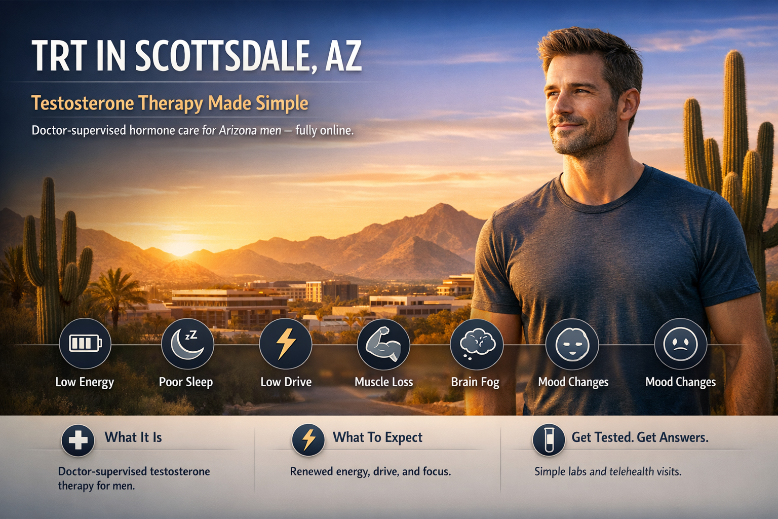 TRT in Scottsdale, AZ — AZTRT Arizona TRT clinic blog cover showing a healthy man in a Scottsdale desert setting with low-testosterone symptom icons