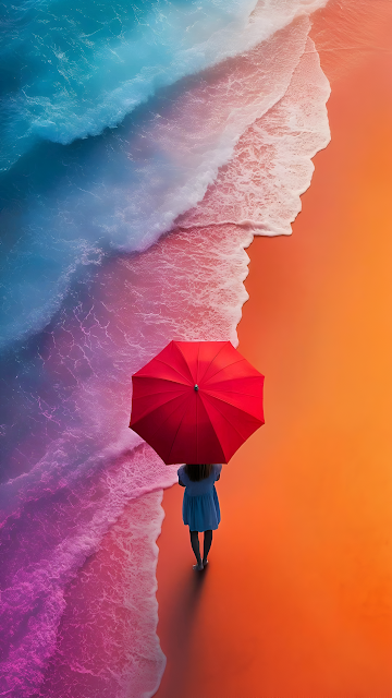 Surreal Beach View with Red Umbrella and Gradient Waves - Free mobile Wallpaper