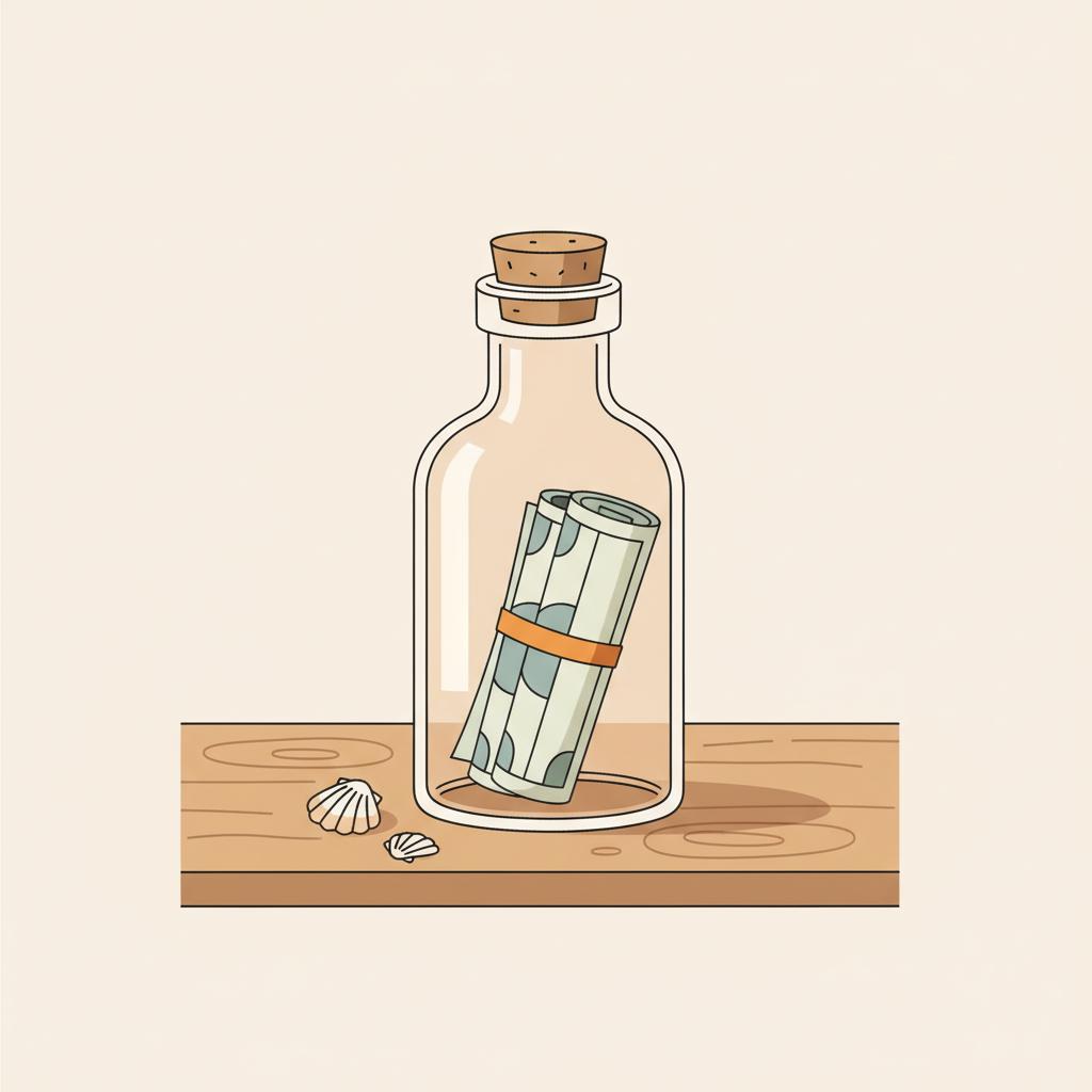 Wie kann man Geld zur Hochzeit verpacken? 2D-Vektor: Flaschenpost mit eingerollten Geldscheinen, Muscheln und Korken auf Holz, Akzentband #ff9800, Hintergrund #FAFAFF