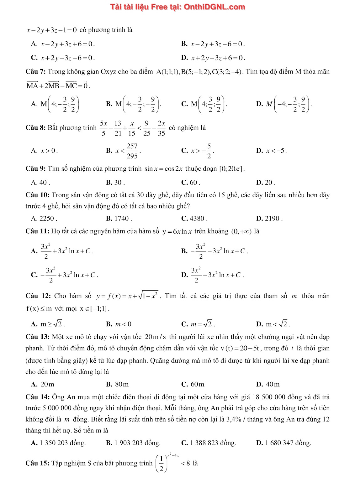 1300 bài tập môn Toán - Ôn thi ĐGNL ĐHQG Hà Nội Phần 24