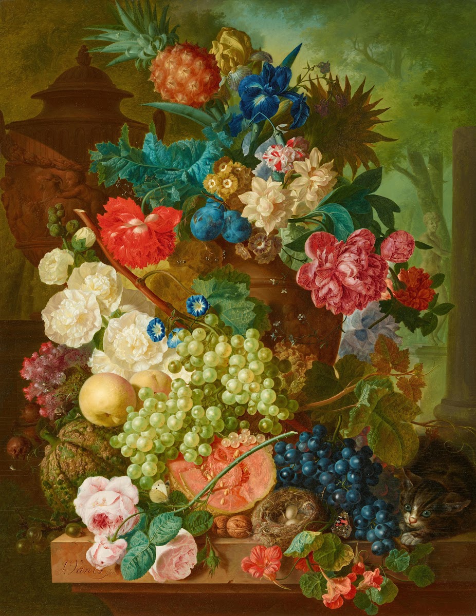 Blumen und Früchte auf einem Steinsockel