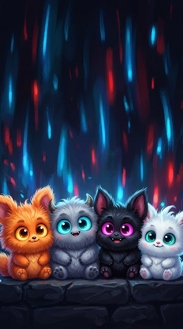 Illustration of Four Colorful Fluffy Monsters in a Horizontal Row - Free mobile Wallpaper