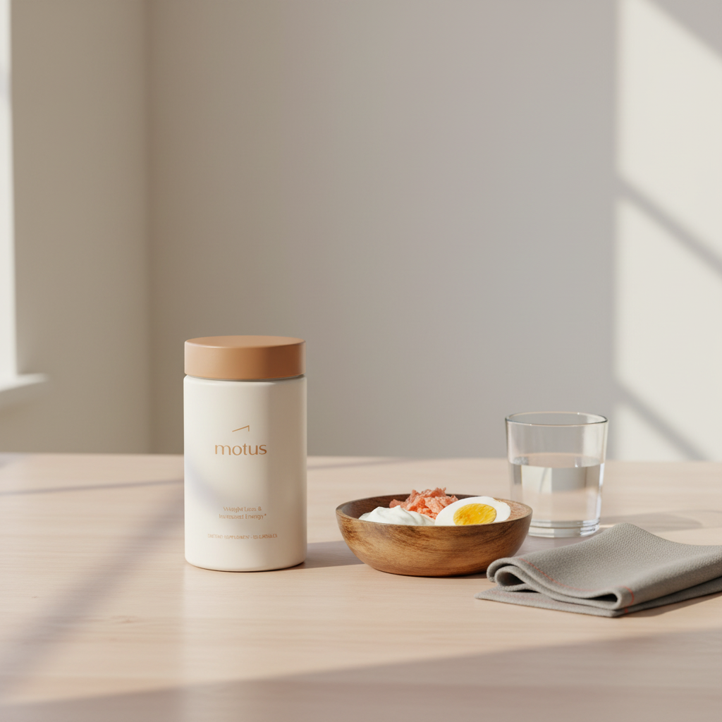 Motus supplement bottle beside a wooden bowl of Greek yogurt, canned salmon and a boiled egg on a minimalist morning kitchen table — lose weight quickly naturally