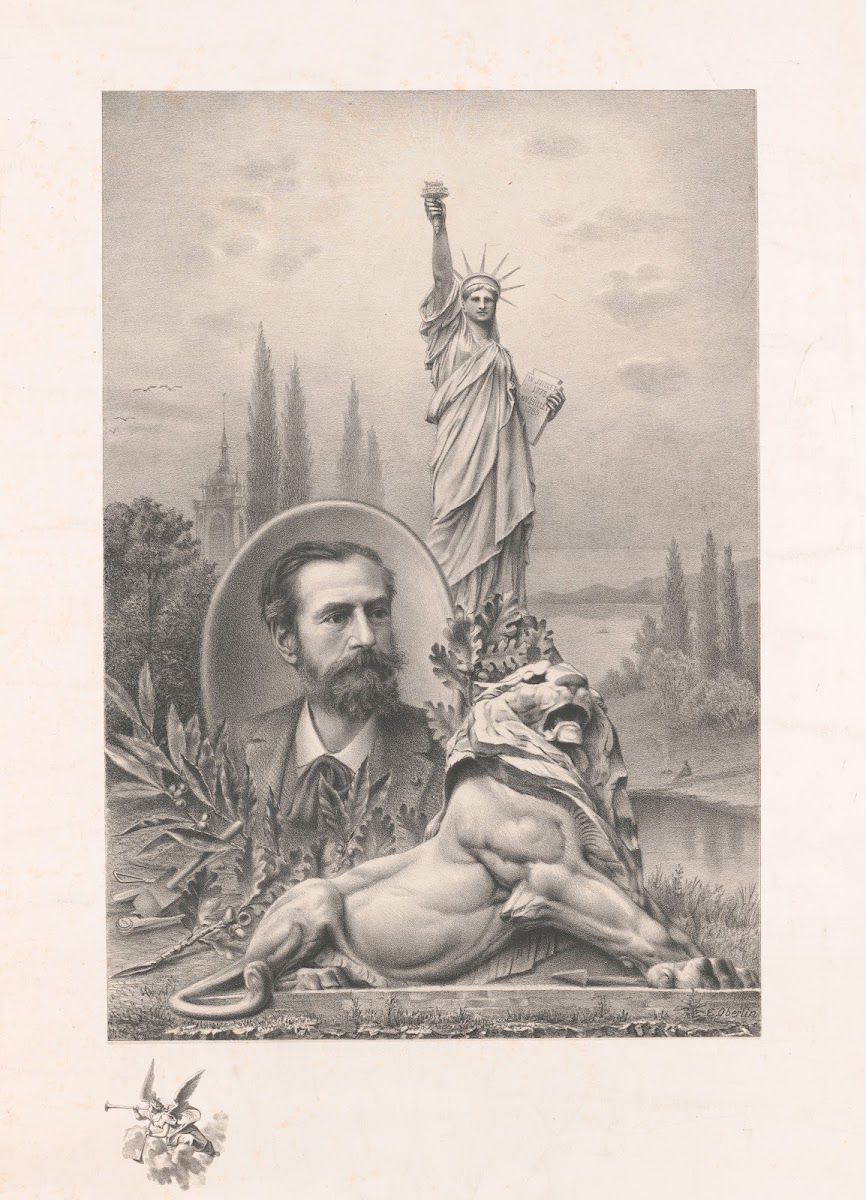 Statue of Liberty sculpture of lion and inset portrait of sculptor Frédéric Augu