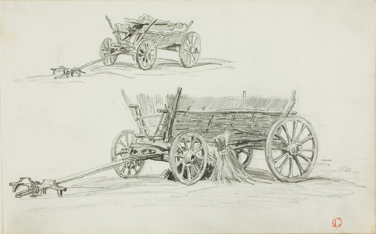 Two Sketches of an Ox Cart c 1850