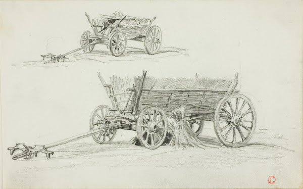 Two Sketches of an Ox Cart c 1850