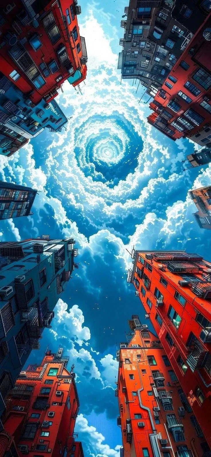 Anime City Swirling Sky - Anime Illustration iPhone Wallpaper (736x1594)