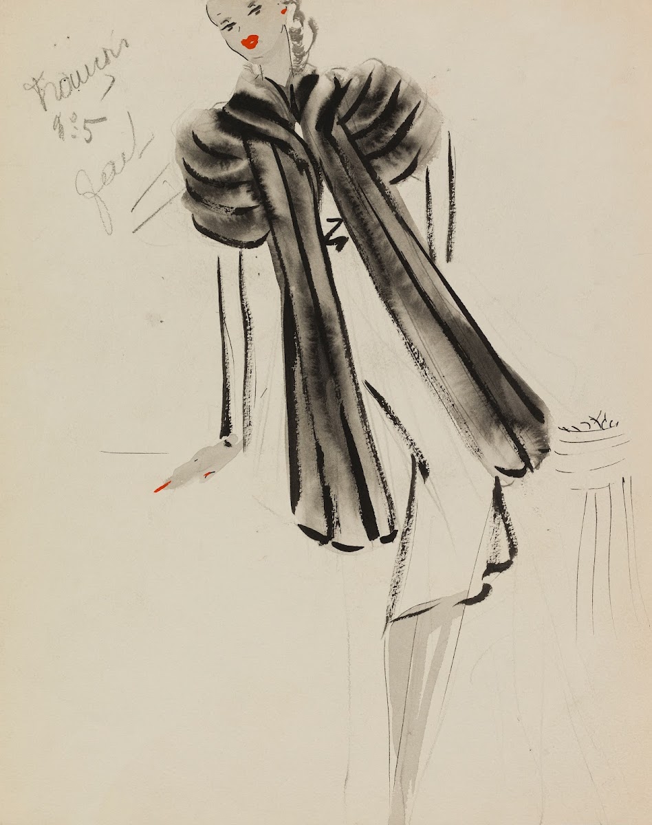 Manteau noir travaillé en bandes sur robe blanche 1938
