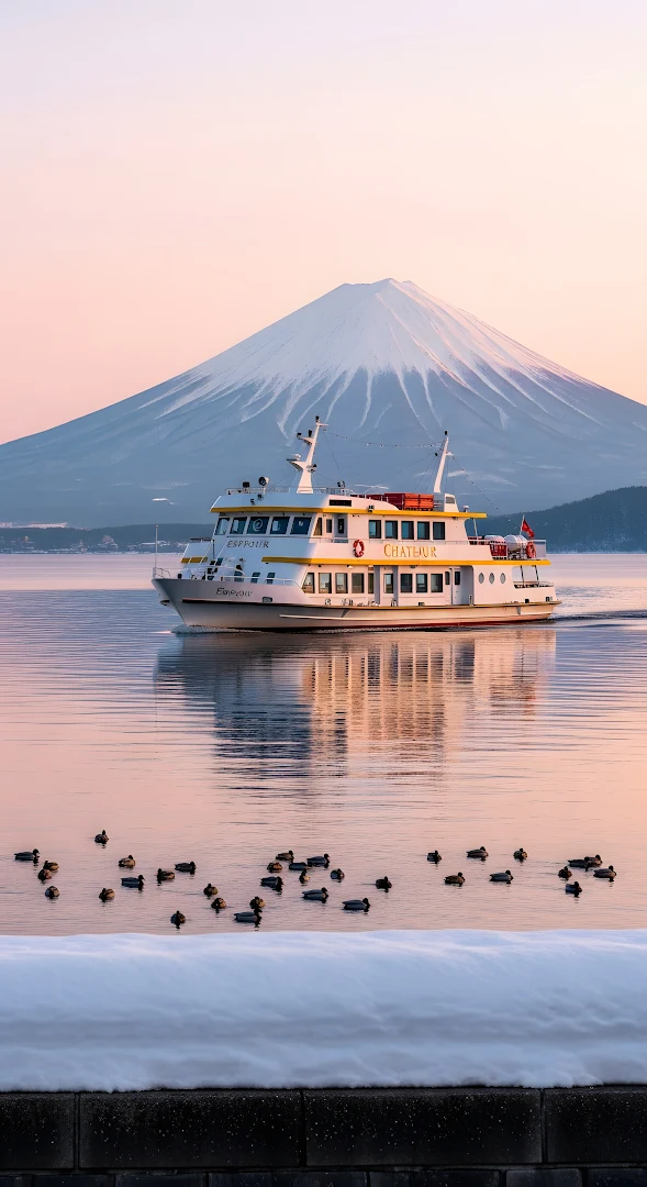 Ferry Boat Sailing Lake Kawaguchi Mount Fuji Sunrise View
