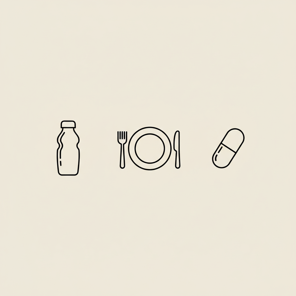 Minimal Tonum-style vector of an outlined water bottle, plate with fork and knife, and a supplement capsule on beige background for how much water to drink to lose weight