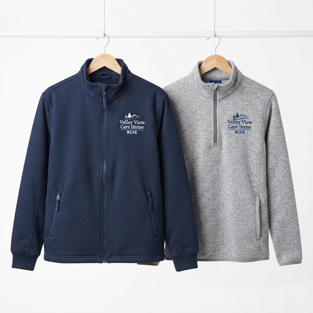 Custom embroidered caregiver fleece jackets in navy and grey with facility mountain logo