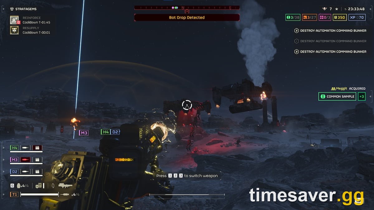 Helldivers 2 Automaton dropship deploying reinforcements over the battlefield with a common sample pickup on screen