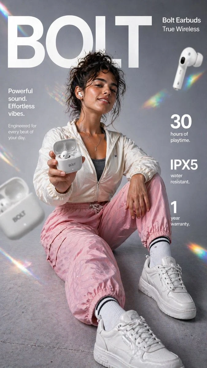 Crea una infografía vertical de comercio electrónico de alto impacto en formato 9:16 para los auriculares inalámbricos Bolt True Wireless con un diseño premium...
