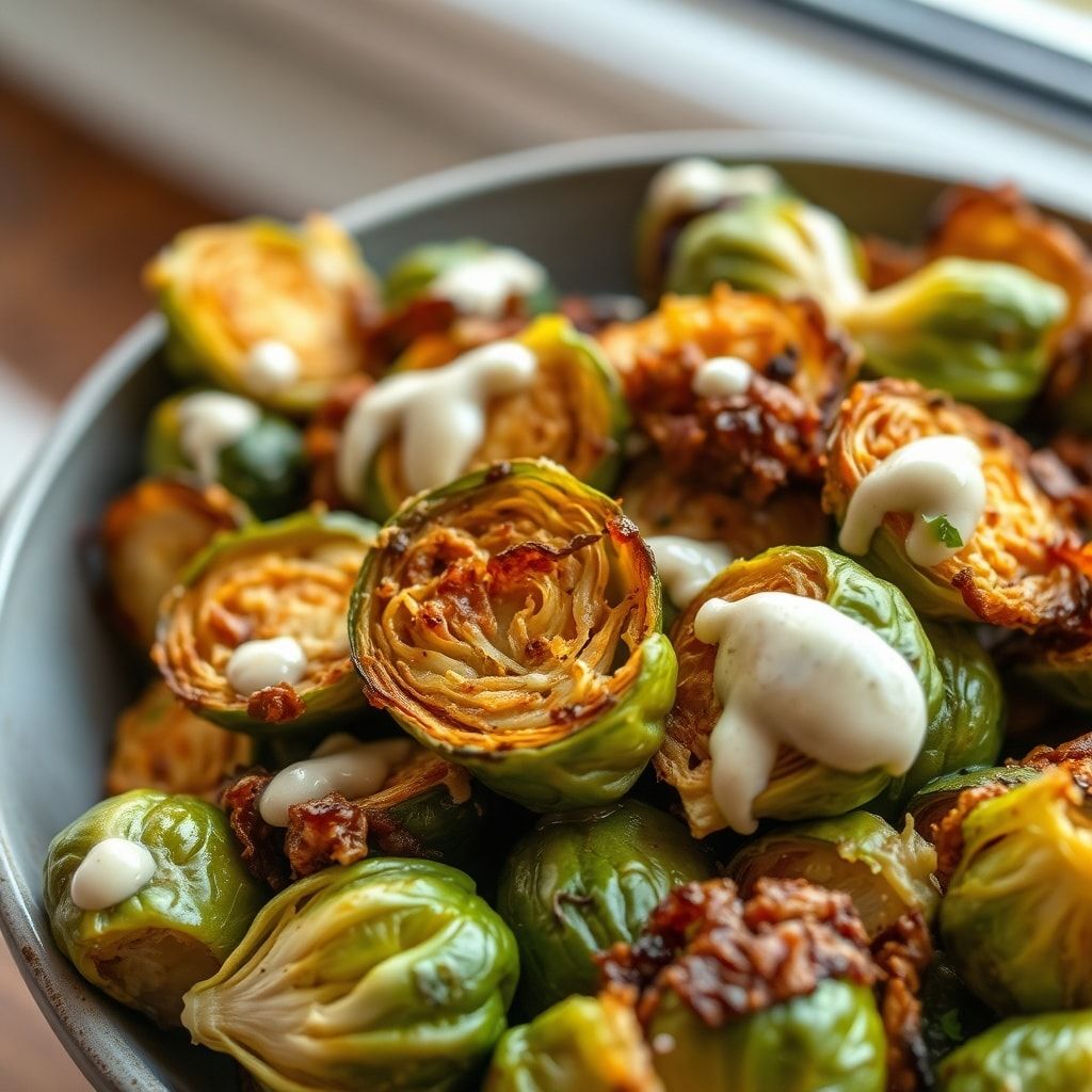 Crispy Roasted Brussels Sprouts with Creamy Tahini Caesar Dressing (Easy) finished