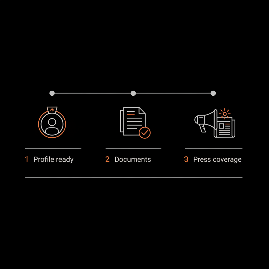 Minimal three-step vector infographic for Instagram verification showing profile readiness, documentation, and press coverage on black background with Social Success Hub brand colors.