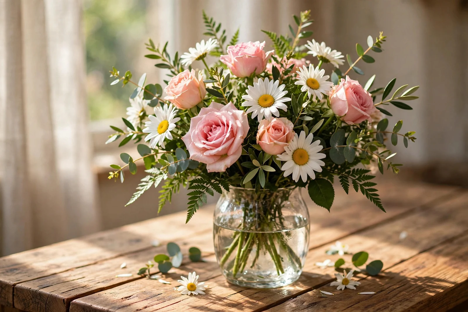 A fresh bouquet of mixed flowers including roses, daisies, and greenery in a glass vase on a sunlit wooden table
