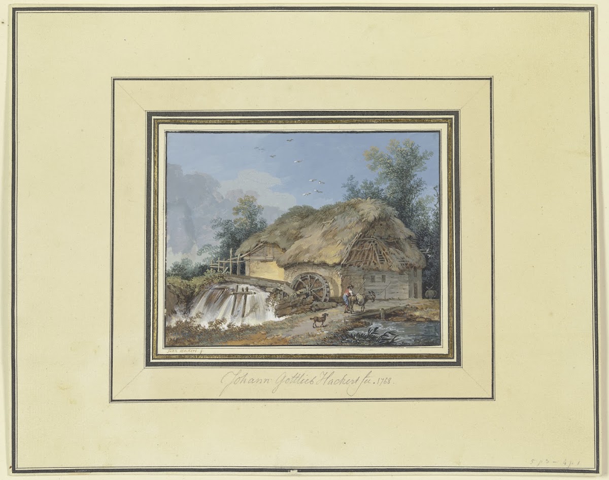 Strohgedeckte Wassermühle zu der ein Bauer mit Esel und Hund kommt 1768