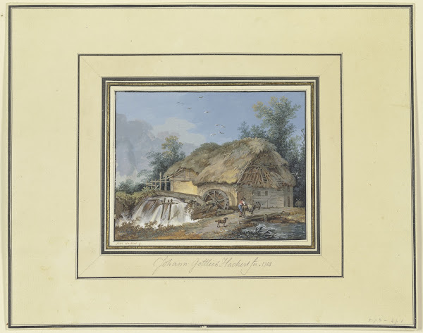 Strohgedeckte Wassermühle zu der ein Bauer mit Esel und Hund kommt 1768