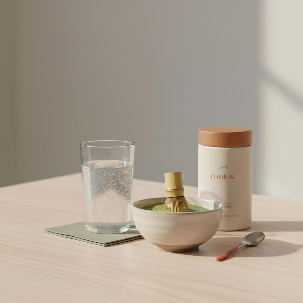 Still-life of a wooden table with a glass of electrolyte water, a whisked matcha bowl and the Tonum electrolyte mix container — drinks for brain fog in a minimal clinical setup