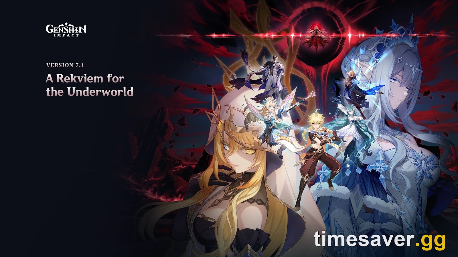 Official Genshin Impact splash art for Version 7.1, A Rekviem for the Underworld, the update that introduced the Swords and Secrets World Quest