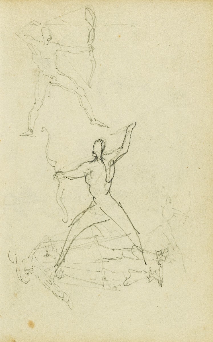 Three studies of a nude man with bow and arrow standing cavalier 1812   1814