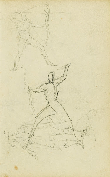 Three studies of a nude man with bow and arrow standing cavalier 1812   1814
