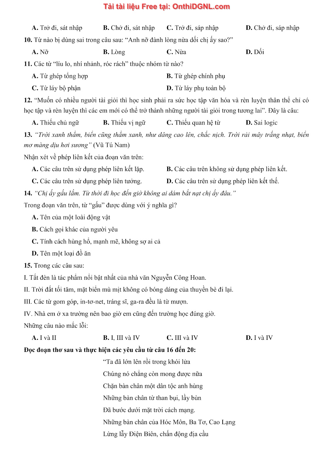 500 bài tập môn Ngữ Văn - Ôn thi ĐGNL ĐHQG TP HCM Phần 8