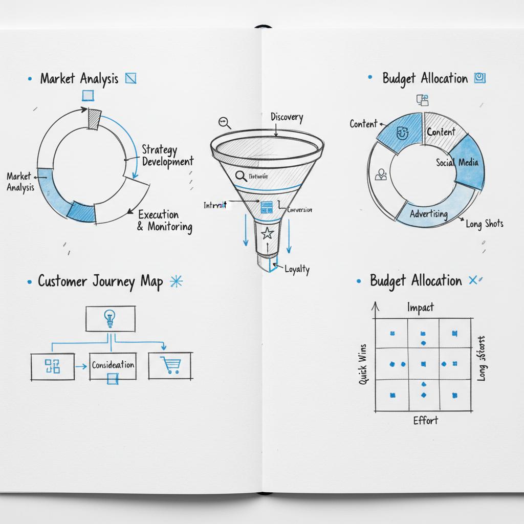 Notebook-style sketch of an unboxing sequence and packaging details&mdash;bottle, label elements, dieline and material notes in a minimalist layout, four Ps of branding
