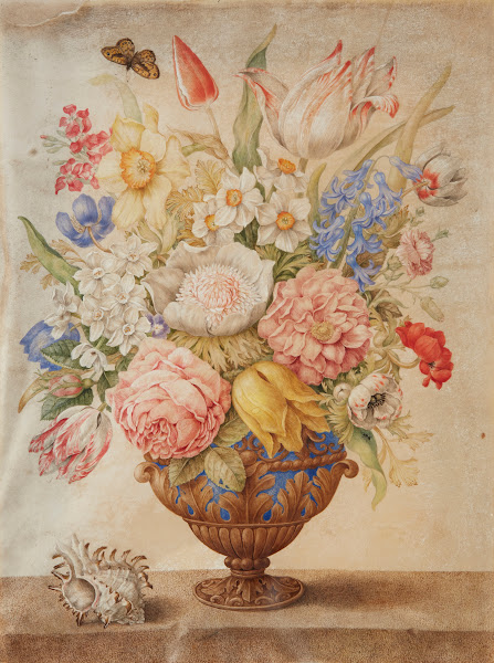 Flowers in a Lapis Lazuli Vase on a Marble Top with a Conch Shell and a Monarch