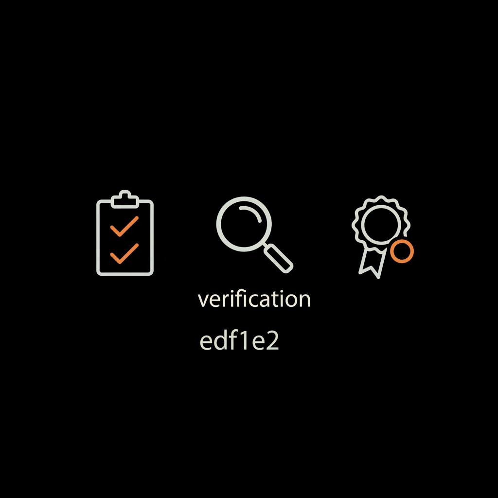 Minimalist verification infographic on black background with light-gray checklist, magnifying glass and badge icons; off-white label and small orange accent.