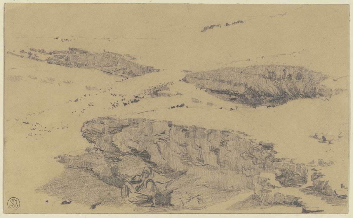 Wüste im Vordergrund ein im Schatten sitzender Araber 1850