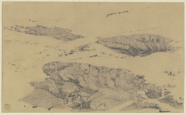 Wüste im Vordergrund ein im Schatten sitzender Araber 1850