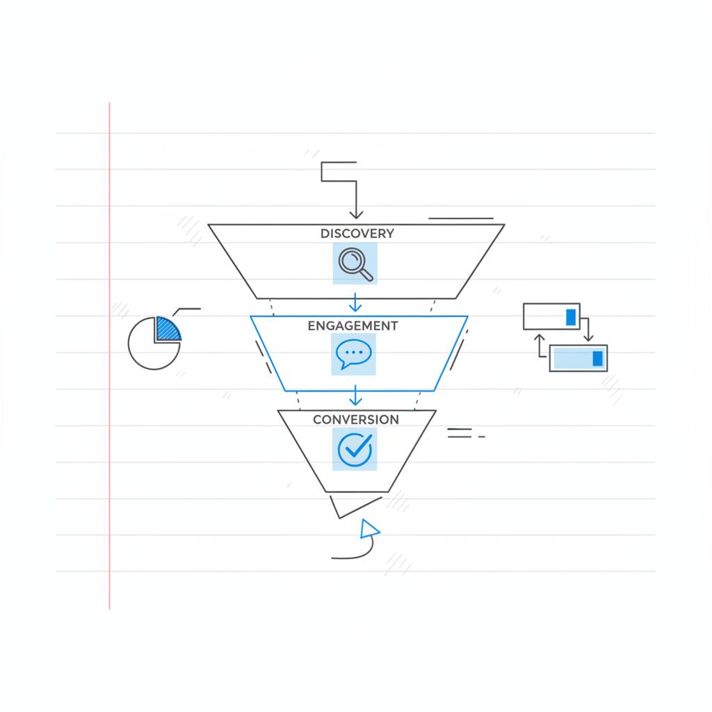 How does Houzz Pro help with marketing? Minimalist 2D vector close-up of a three-stage funnel sketch on white; discovery, engagement, conversion indicated by blue icons and dark-gray lines.