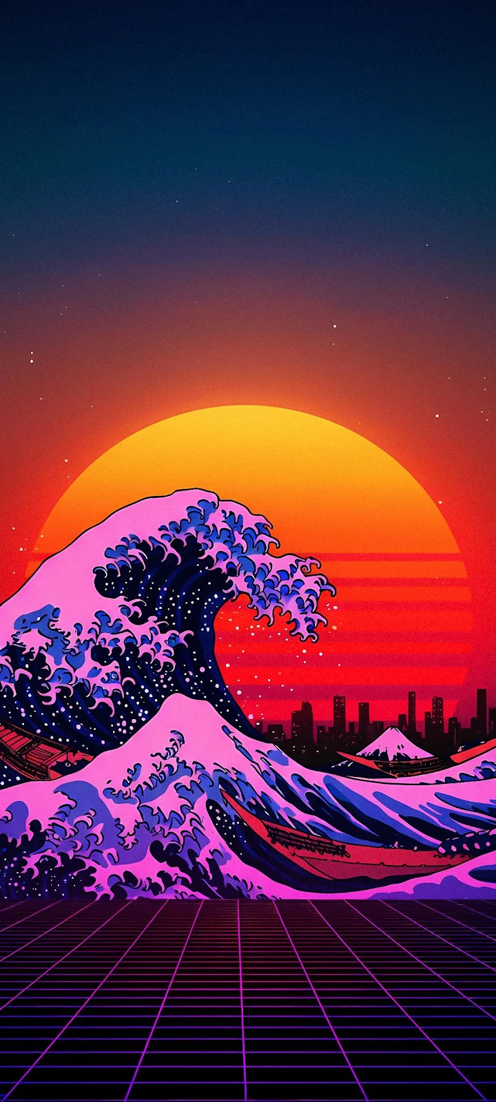 Neon Vaporwave Great Wave Art - Vaporwave Digital Art iPhone Wallpaper (1071x2380)