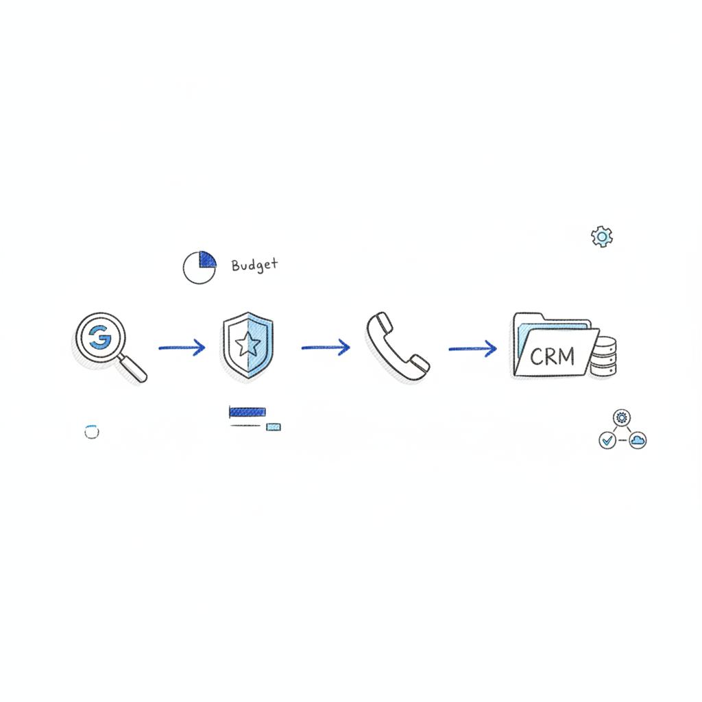 Minimal ink notebook sketch showing intake workflow with icons for search, LSA badge, phone call, and CRM folder &mdash; Google Local Services Ads