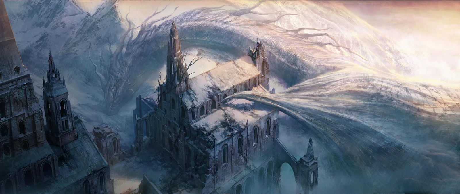 Fantasy Landscape, Ruined Architecture, Snowy Mountains, Digital Art 2K Wallpaper Background (3553x1500)