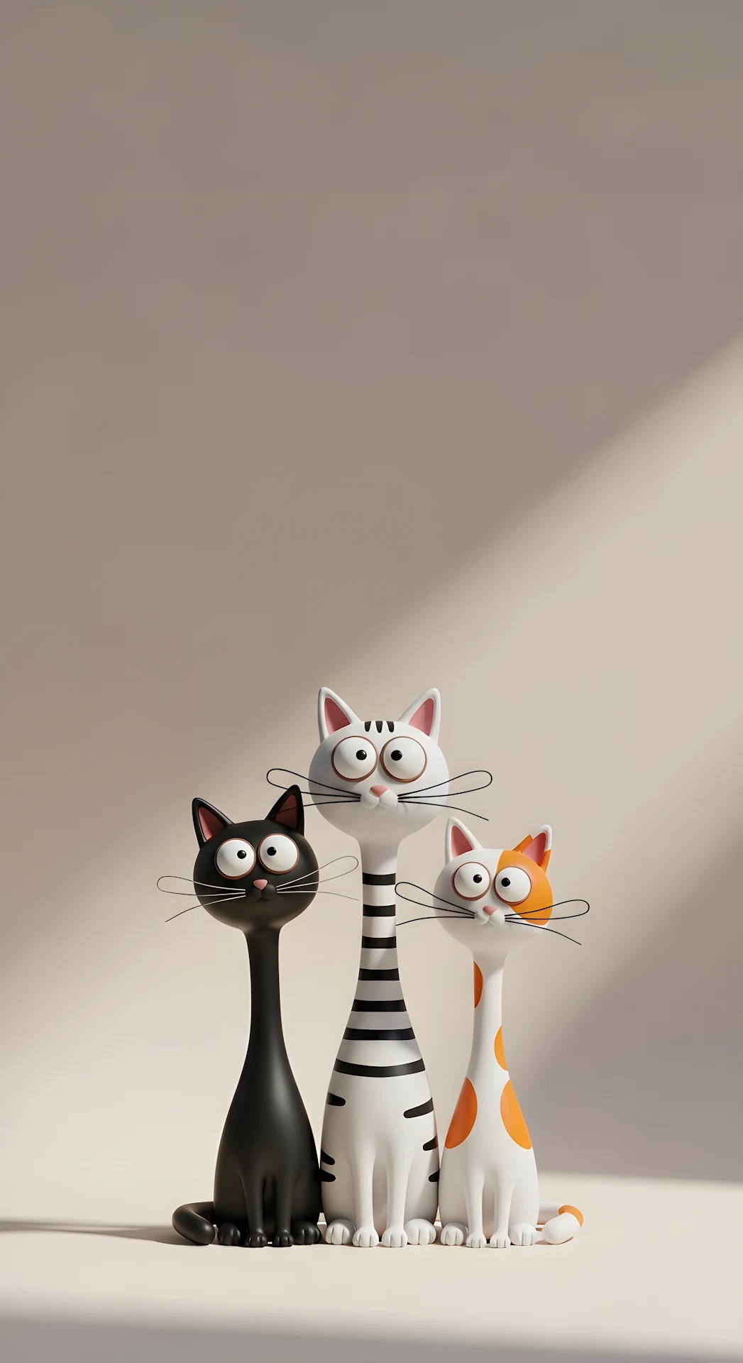 Three Funny Cartoon Clay-Sculpted Cats with Wide Eyes on a Beige Studio Background - Free 4K mobile Wallpaper