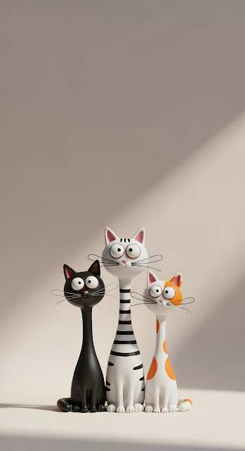Three Funny Cartoon Clay-Sculpted Cats with Wide Eyes on a Beige Studio Background - Free mobile Wallpaper