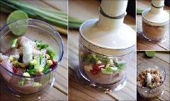 Đậy nắp cối lại và xay tất cả nguyên liệu trong đó khoảng 1 phút. Sau đó, bày ra đĩa, chia đều thành từng miếng nhỏ.
