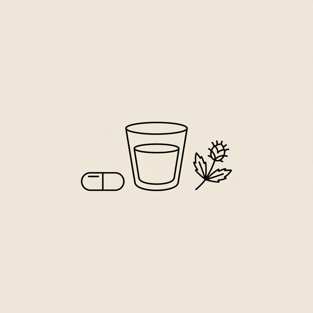 Minimal vector line illustration of a capsule, water glass, and milk thistle sprig on beige background in Tonum style, referencing Zepbound price