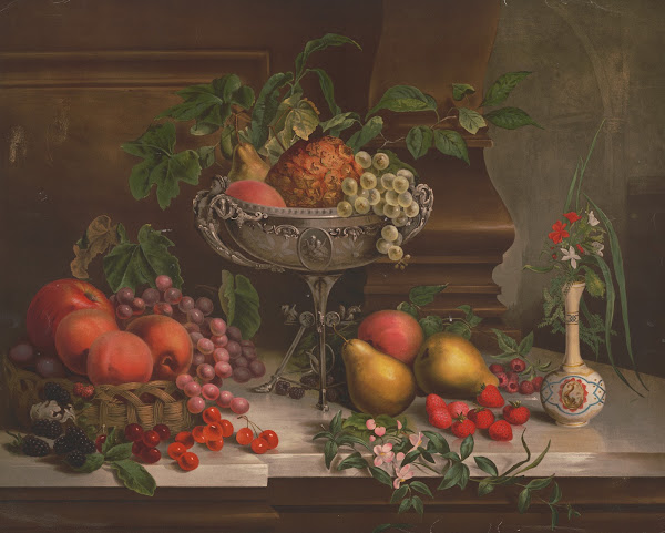 Fruit in a basket and a bowl with flowers in white red and blue vase 1877